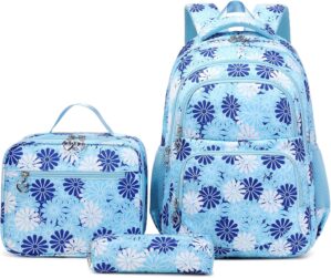 Daisy Printed Backpacks for Girls with Lunch Bag Pencil Case 3pcs Set, Lightweight Elementary Bookbags for Teen Girls