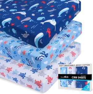 Fitted Nautical Crib Sheets (3 Pack) by GROW WILD – Jersey Knit Cotton Crib Sheets for Boys, Toddler Bed Mattress & Baby Boy Crib Bedding Set, 52” x 28” x 9” Crib Sheets (Blue Ocean)