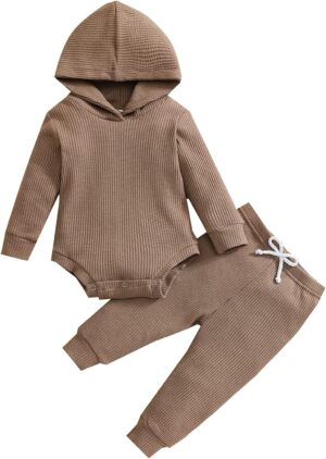 Thorn Tree Newborn Unisex Baby Clothes Set Hooded Long Sleeve Bodysuit Stretchy Pants Ribbed Outfits Fall Winter