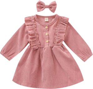 Karuedoo Kids Toddler Baby Girl Corduroy Ruffle Long Sleeve Dress Princess Party Dress Fall Winter Skirt Outfit