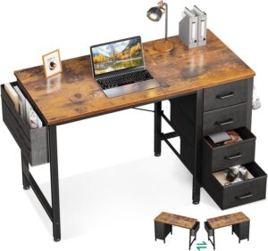 Casaottima 32-Inch Small Computer Desk with 4 Fabric Drawers — Home Office Desks with Storage, Writing Desk with Side Hook and Cloth Bag, Modern Study/Work Table for Bedroom and Small Space, Vintage