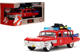 Jada Hollywood Rides Transformers x Ghostbusters Ecto-1 G1 Mashup – Die-cast Car with Opening Doors, 1:32 Scale, Ages 8+ (40th Anniversary Edition)