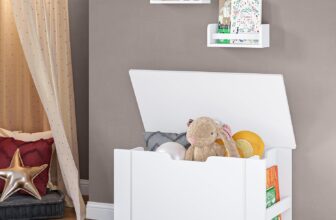 RiverRidge Book Nook Kids Toy Box with Side Bookracks and 2 10″ Floating Bookshelves Modern White Toy Organizer Kids Room Storage Organizer