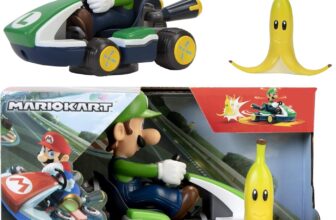 Super Mario Spin Out Mariokart Luigi Racer Vehicle with 360 Spins, Wind Up and Go! Includes One 2.5” Luigi Action Figure