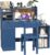 Childrens Computer Desk with Bulletin Board, Blue Kids Desk and Chair Set for 5-12 Year Old, Kids Study Table with Chair, Drawers and Cabinets-B40