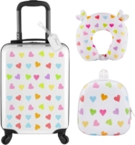 Sanwuta 4 Pcs Kids Luggage Set Backpack Travel Rolling Suitcase U-shape Pillow Christmas Children Gift for Girls Boys(20 Inch,Heart Style,White)