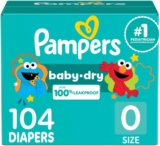 Pampers Diapers – Baby Dry – Size 0, 104 Count, Absorbent Disposable Newbort Diaper (Packaging May Vary)