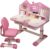 Small Desk, Standing Desk, Desk Chair Set, Widened Desktop Multi Separation Cartoon Pattern Desk Chair Set Kids Adjustable Height Study Table with Drawer Chair Set (Pink)