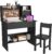 Childrens Drawing Desk with Wooden Tabletop Paper Roll Dispenser,Black Kids Desk and Chair Set for 5-12 Year Old, Kids Study Table with Drawers and Storage Shelf-s540