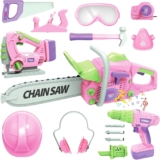 Kids Construction Tool Set for 3 4 5 6 7 Year Old Boys Girl,Pink Preschool Pretend Play Tool,Pretend Play Tools Set Toddler Toys,with Electric Drill Chainsaw、Electric Drill,Toy Tools Gifts for Kids