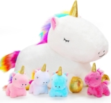 KMUYSL Toys for Girls Ages 3 4 5 6 7 8+ Years – Unicorn Mommy Stuffed Animal with 4 Baby Unicorns in Her Tummy, Soft Unicorn Plush Toys Set, Christmas Birthday Gifts for Baby, Toddler, Kids