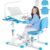 Artist hand Kids Study Desk and Chair Set Height Adjustable Children School Girl Table Large Writing Board Desk with LED Lamp Pull Out Drawer Pencil Case Bookstand (Blue-1, 26″ x 19″)