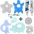 Dodo Babies Teething Toy & Pacifier Clip Set – Silicone Teether Four Pack Plus Two Universal Holder Paci Leashes and Binky Case – Blue Animal Shapes – Great Shower Gift for Baby Girl or Boy