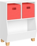 RiverRidge Kids Bookshelf Toy Storage Organizer with 2 Cubbies, 2 Folding Coral Fabric Storage Bins & Spacious Bin White Playroom Toy Organizer and Cubby Storage