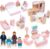 Kizfarm Wooden Dollhouse Furniture Set with 4 Family Dolls, 26 Pcs Pretend Play Dollhouse Accessories for 4 Rooms, Pink Furniture Toys Birthday Gifts for Girls Boys Age 3+