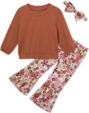 Toddler Girl Clothes Crewneck Long Sleeve Top+Floral Flared Pants Bell Bottom Outfits with Headband 1-6T