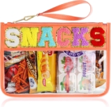 Snack Bag for Travel – Clear Chenille Varsity Letter Flat Pouch with Zipper, Waterproof Clear Nylon Preppy Patch Makeup Cosmetic tote Bags for Women Girls