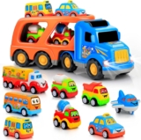 9 Pcs Cars Toys for 2 3 4 5 Years Old Toddlers, Big Carrier Truck with 8 Small Cartoon Pull Back Cars, Colorful Assorted Vehicles, Transport Truck with Sound and Light, Best Gift for Boy and Girl