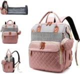 Diaper Bag with Changing Station, Waterproof 3 in 1 Baby Diaper Backpack with Foldable Changing Pad, Pink-Grey