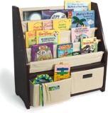 WONKAWOO Kids Sling Bookshelf Wooden Rack, 4 Levels of Canvas Slings for Large Children Books and 2 Storage Bin Boxes for Toys Organizer, Espresso Shelf with Natural Fabric Slings