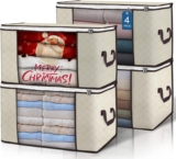 90 L Large Storage Bags, 4 Pack Clothes Storage Bins Foldable Closet Organizers Storage Containers with Reinforced Handle for Clothing, Blanket, Comforters, Bed Sheets, Pillows and Toys (Beige)