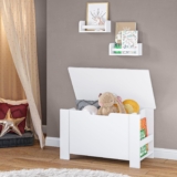 RiverRidge Book Nook Kids Toy Box with Side Bookracks and 2 10″ Floating Bookshelves Modern White Toy Organizer Kids Room Storage Organizer