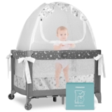Premium Pack n Play Tent, Mini Crib Tent to Keep Baby from Climbing Out, Auto Pop Up Pack and Play Tent with Auto-Lock Zippers, Thick Velvety Breathable Mesh (Stars & Moons – Ruffles)
